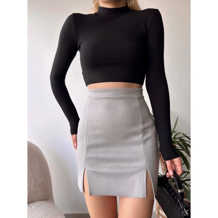 Çift yurtmaçlı süet etek gri s241002