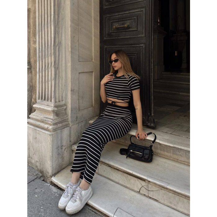 Çizgili etekli takım siyah s3609