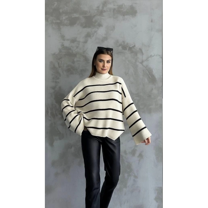 Çizgili ispanyol kol triko boğazlı kazak beyaz elf