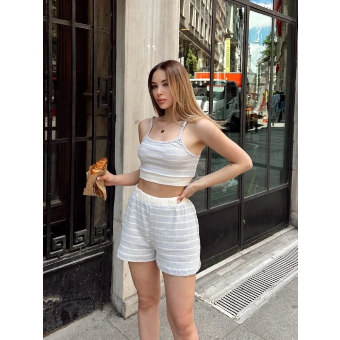Çizgili şortlu takım gri s3978