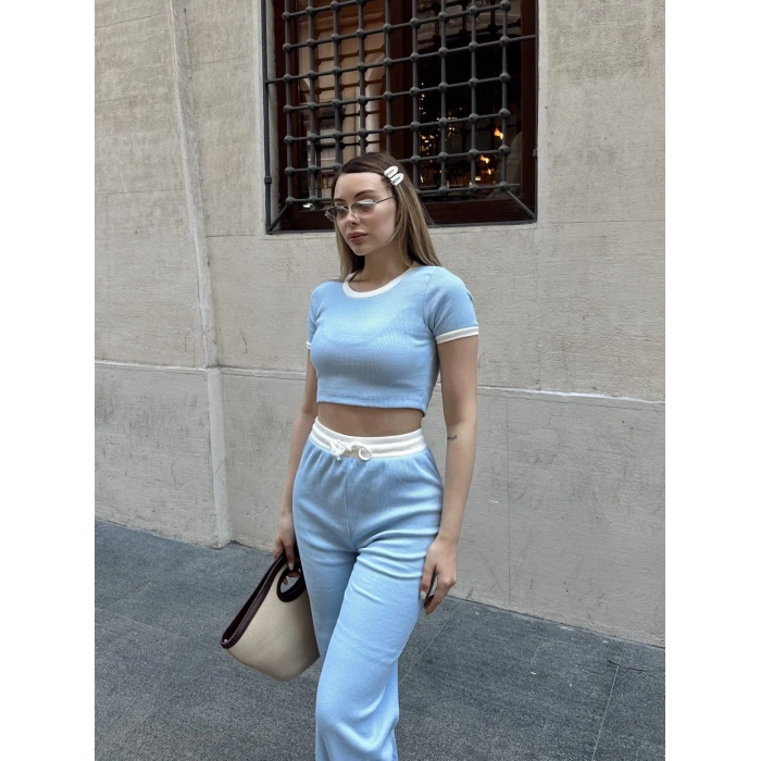Crop pantolon biyeli takım mavi