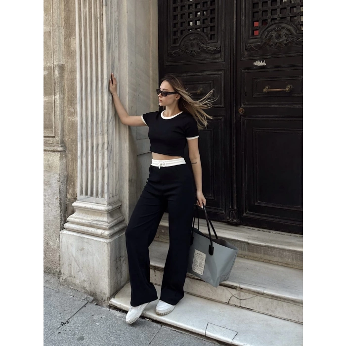 Crop pantolon biyeli takım siyah