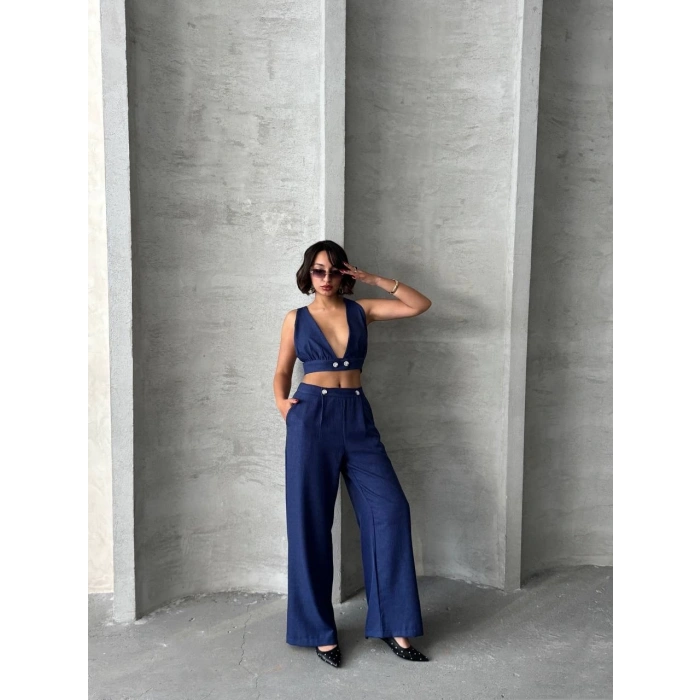 Crop pantolon keten takım s255012