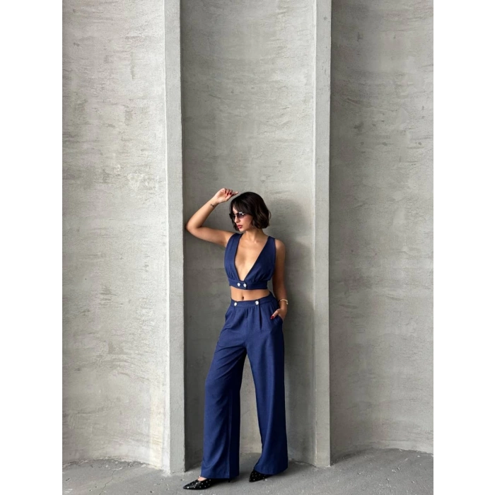 Crop pantolon keten takım s255012