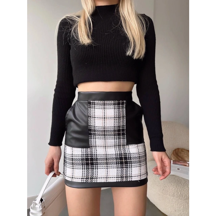 Deri cep garnili kaşe etek siyah h24604