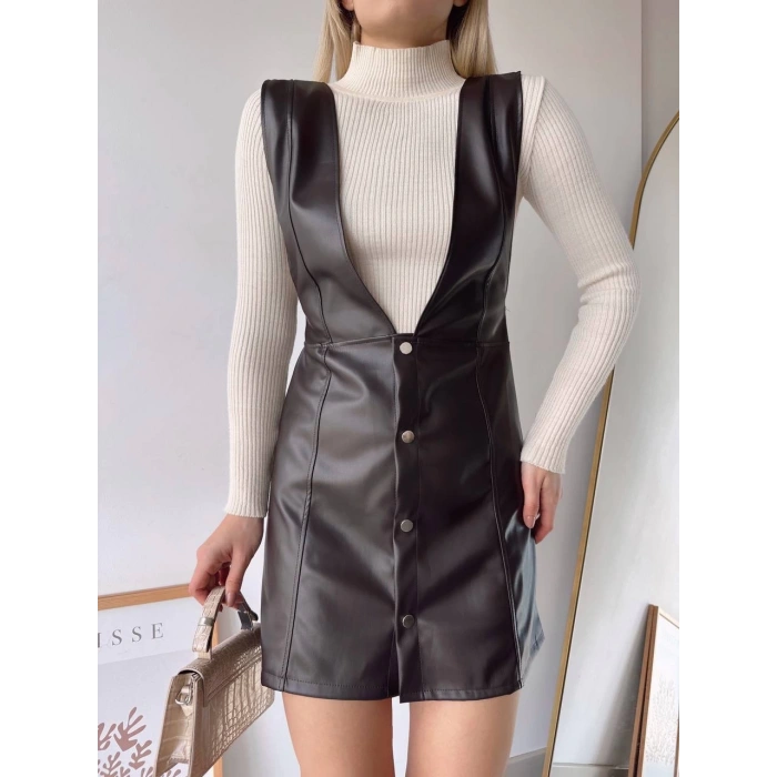 Deri jile elbise kahve w24796