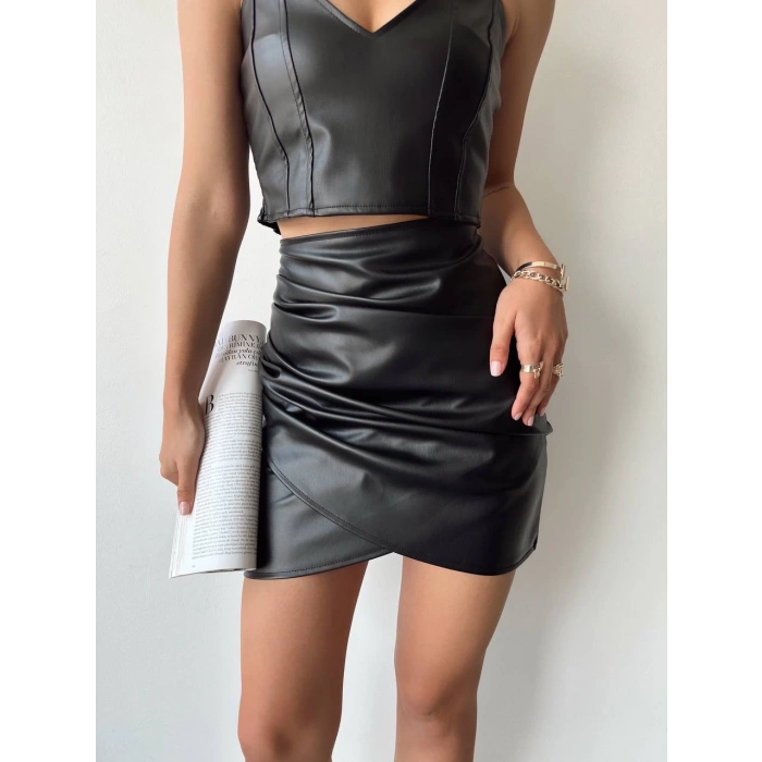 Drapeli deri etek siyah w26771