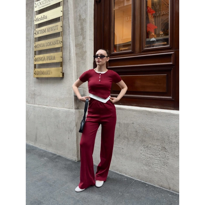 Düğme yakalı bordo alt üst takım s3943