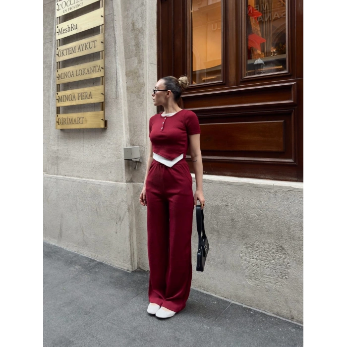 Düğme yakalı bordo alt üst takım s3943