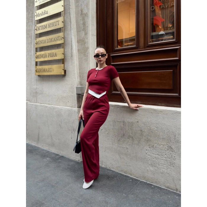 Düğme yakalı bordo alt üst takım s3943