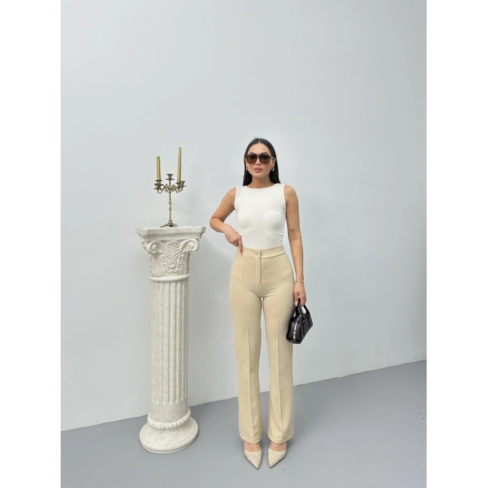 Düğmeli Palazzo pantolon bej p170091
