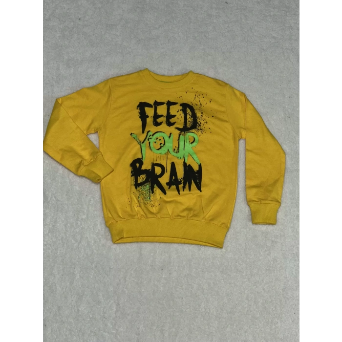 Fed baskılı bisiklet yaka sweatshirt erkek çocuk sarı