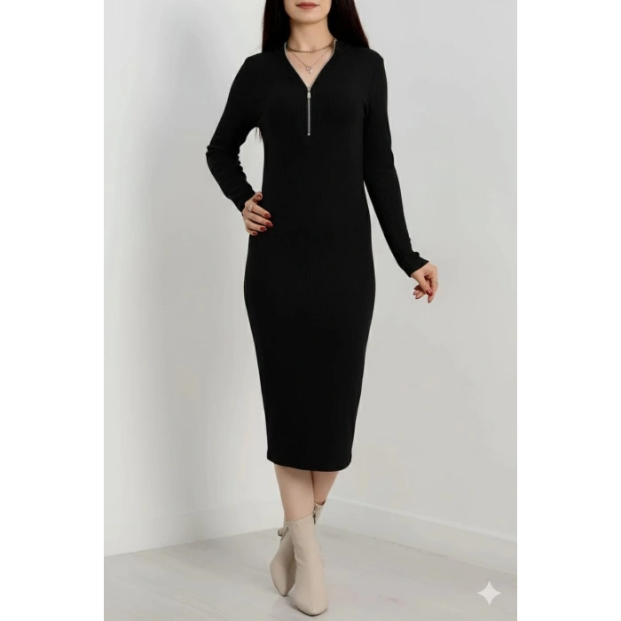 Fermuar detaylı fitilli şardonlu elbise siyah a3178