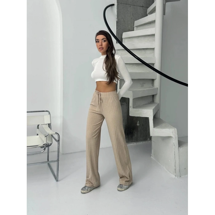 Fitilli şardonlu pantolon bej a4058