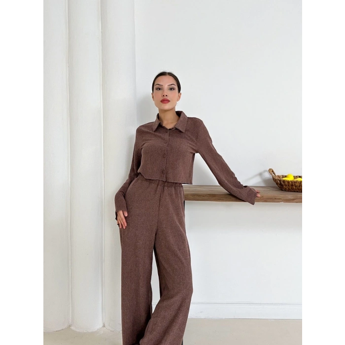 Gömlek yaka kaplama düğmeli takım kahve st265866