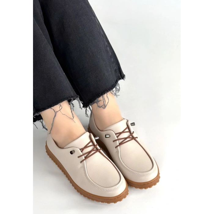 Guot Bej Cilt Bağcıklı Babet Ayakkabı