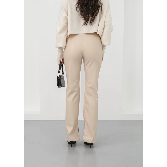 İspanyol yırtmaçlı paça deri pantolon bej hn