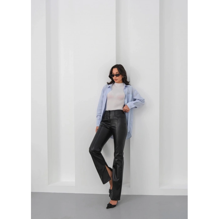 İspanyol yırtmaçlı paça deri pantolon siyah hn