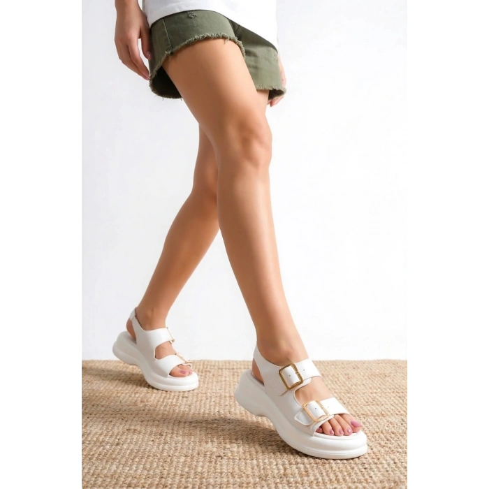 Kaji Beyaz Cilt Çift Tokalı Sandalet