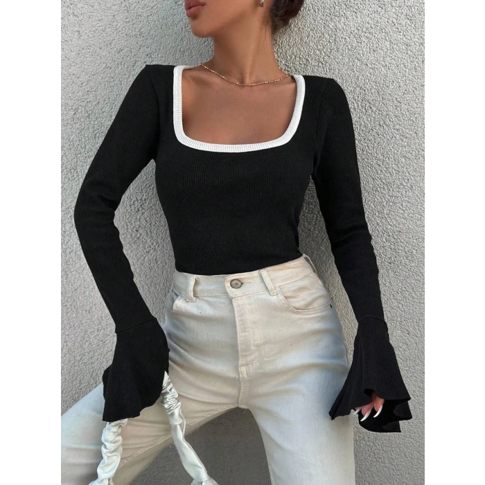 Kare yaka garni detay ispanyol kol bluz siyah a3105