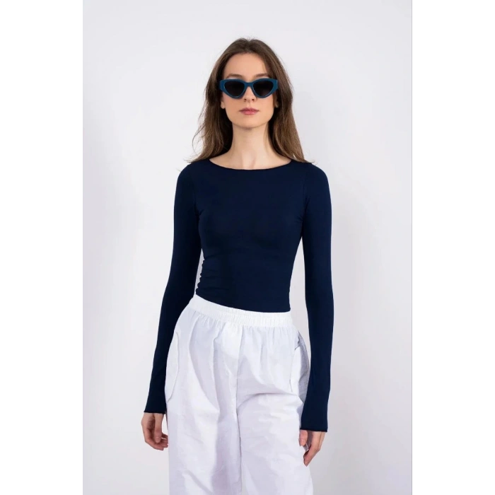 Kayık yaka uzun kollu bluz lacivert pt