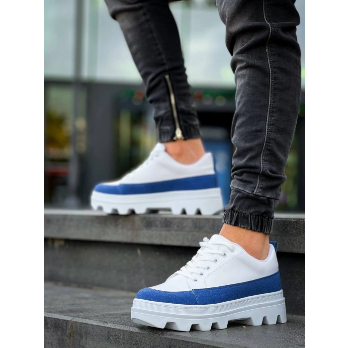 KB-056 Kuback Beyaz Mavi Detaylı Beyaz Yüksek Taban Günlük Spor Ayakkabı
