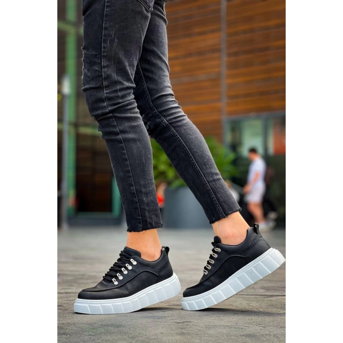 KB-X10 Kuback Siyah Cilt  Beyaz Yüksek Taban Günlük Spor Ayakkabı