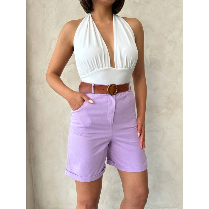 Kemerli gabardin şort lila s25735
