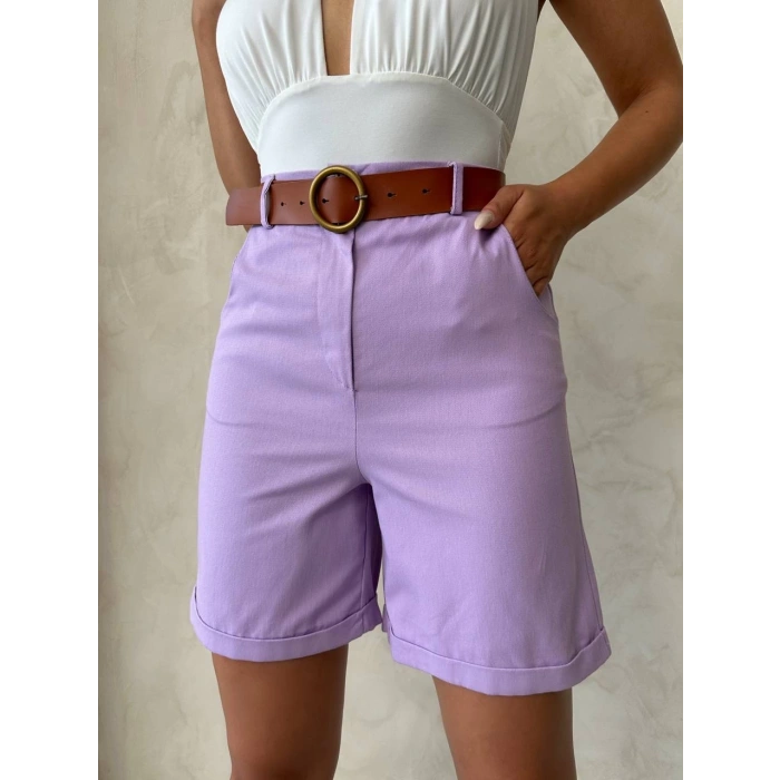 Kemerli gabardin şort lila s25735