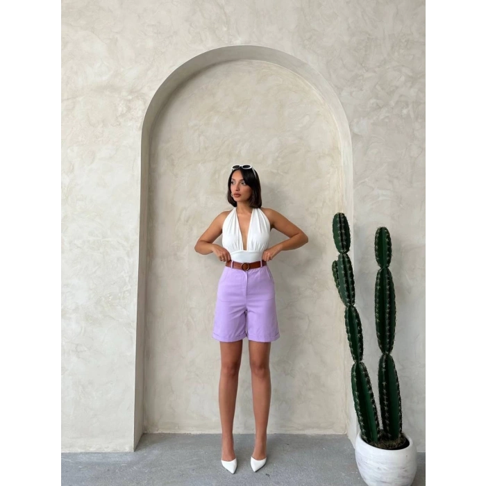 Kemerli gabardin şort lila s25735