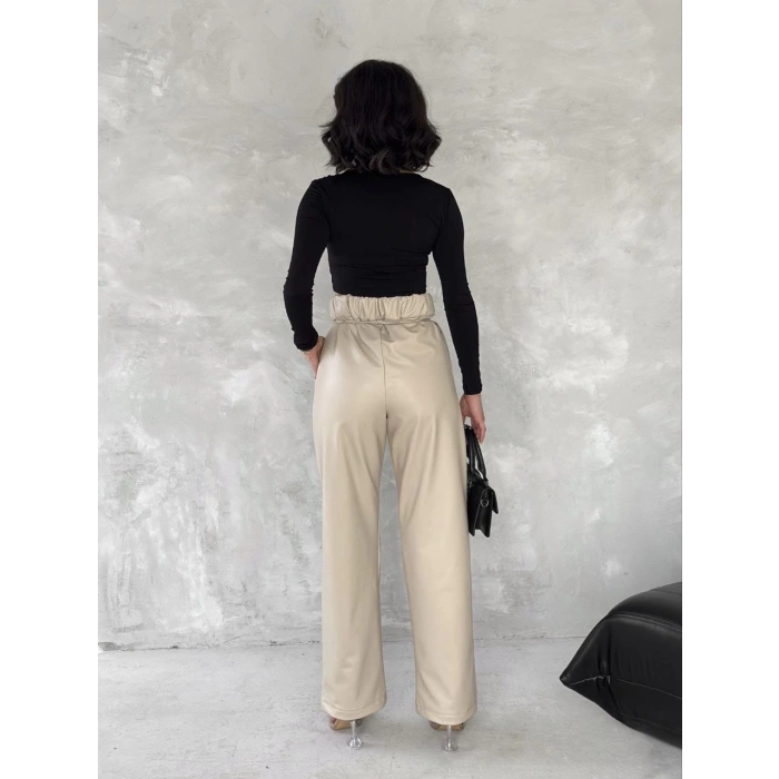Kendinden ince kemerli deri pantolon bej t1178