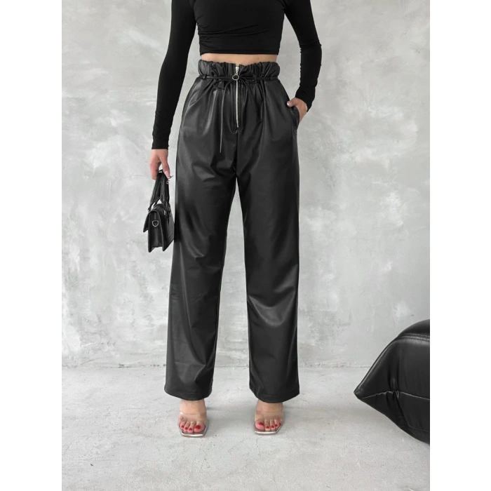 Kendinden ince kemerli deri pantolon siyah t1178