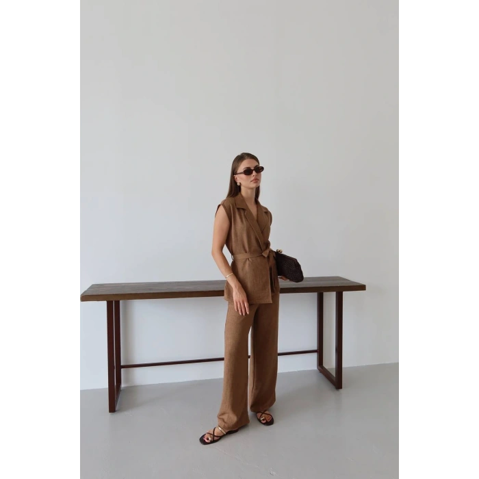 Keten yelek pantolon takım kahve pt