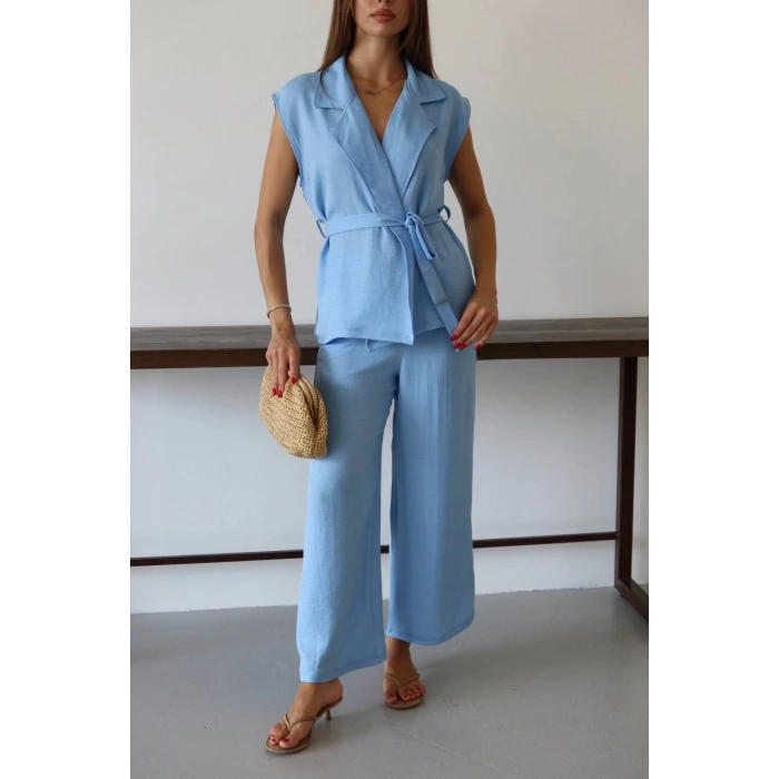 Keten yelek pantolon takım mavi pt