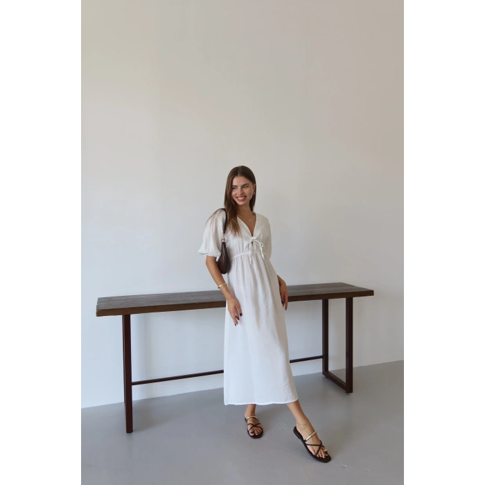 Kısa kollu müslin elbise beyaz pt