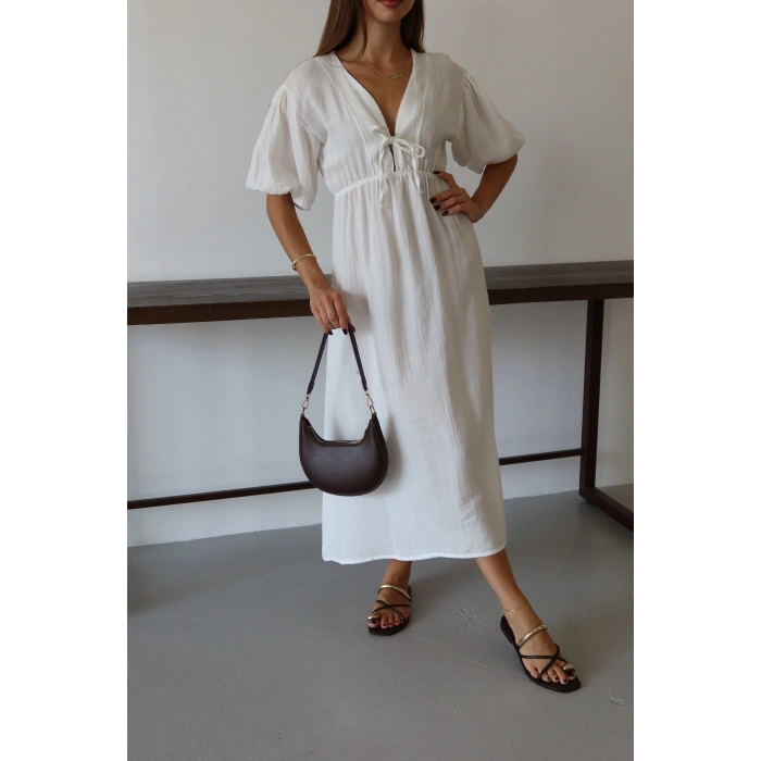 Kısa kollu müslin elbise beyaz pt