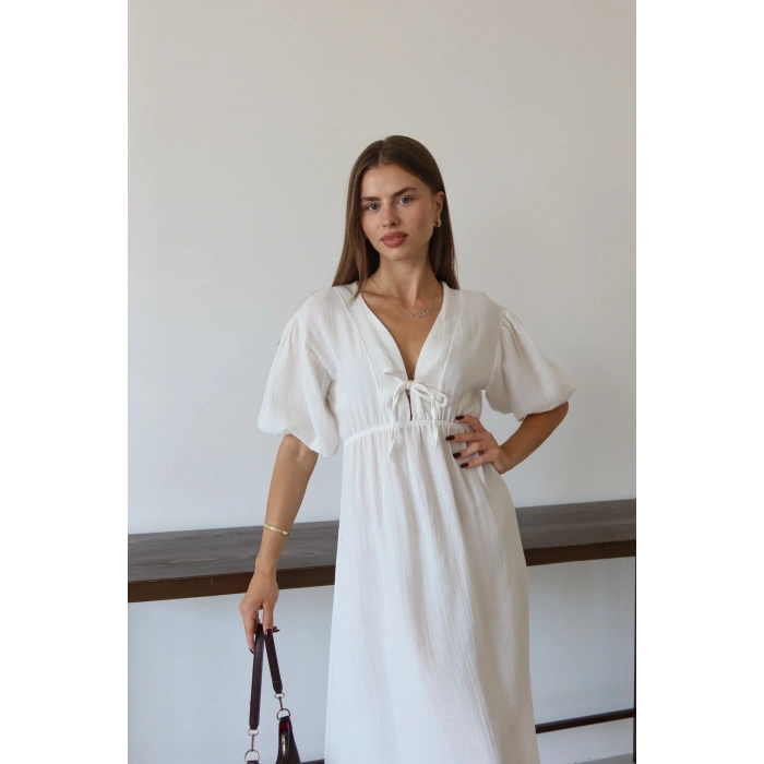 Kısa kollu müslin elbise beyaz pt
