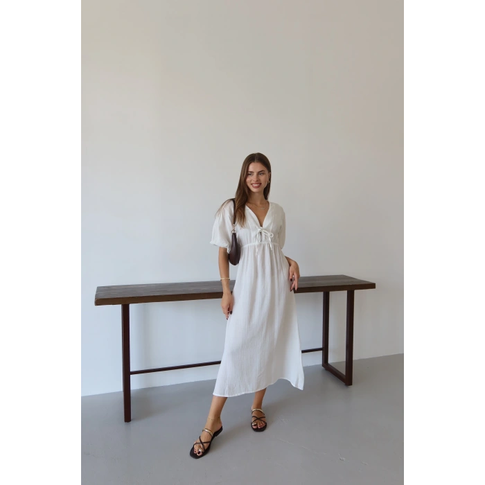 Kısa kollu müslin elbise beyaz pt