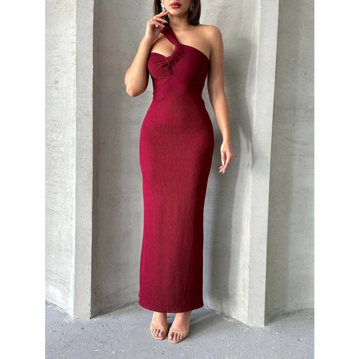 Krinkıl tek omuz uzun elbise bordo s25455