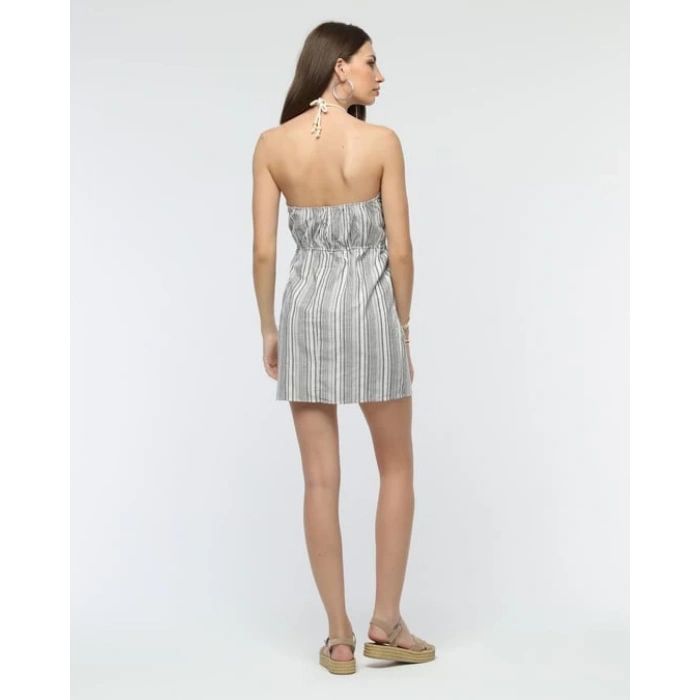 Kuşaklı çizgili mini keten elbise