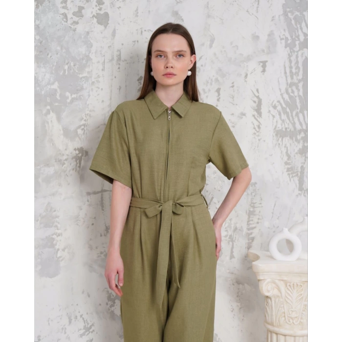 Kuşaklı gömlek yaka salaş tulum haki s255822