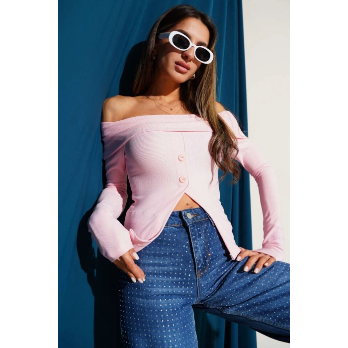 Madonna Yaka Düğmeli Bluz pembe t4329