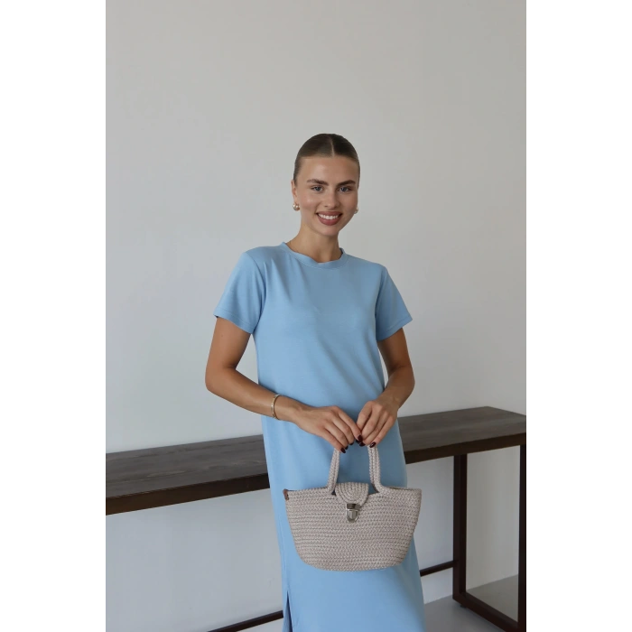 Modal yırtmaçlı elbise mavi pt