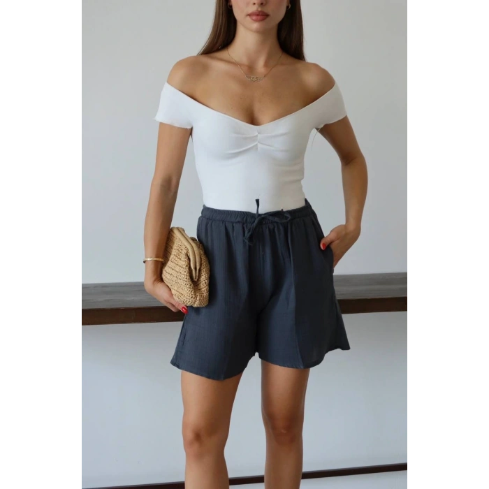 Müslin kumaş şort bağcıklı antrasit pt