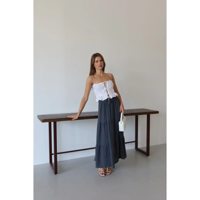 Müslin kumaş keten uzun etek antrasit pt