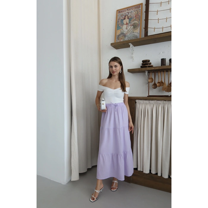 Müslin kumaş keten uzun etek lila pt