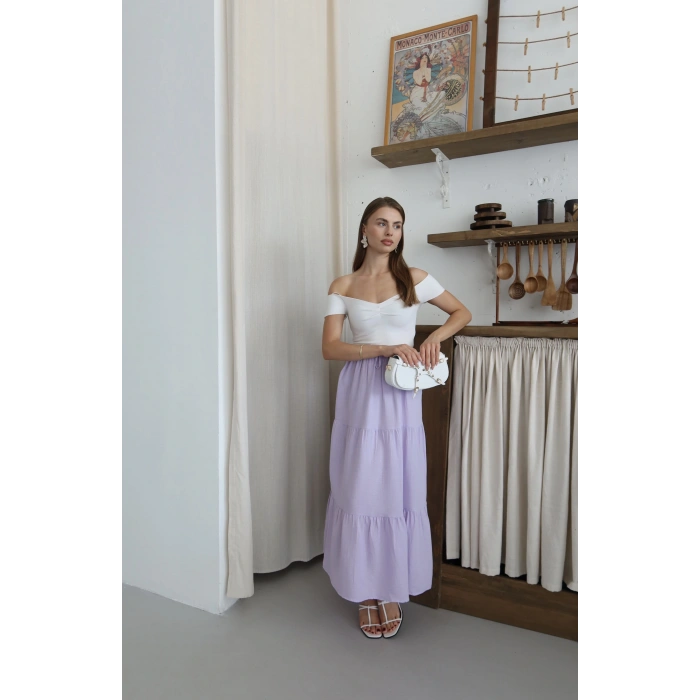 Müslin kumaş keten uzun etek lila pt
