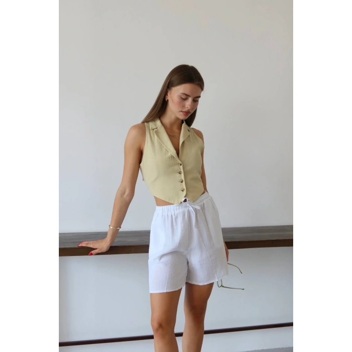 Müslin kumaş şort bağcıklı beyaz pt