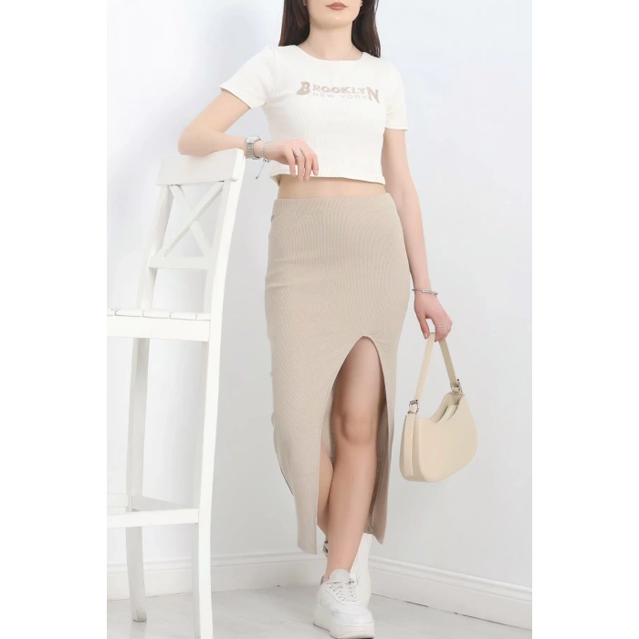 Nakışlı etekli takım bej beyaz s3899