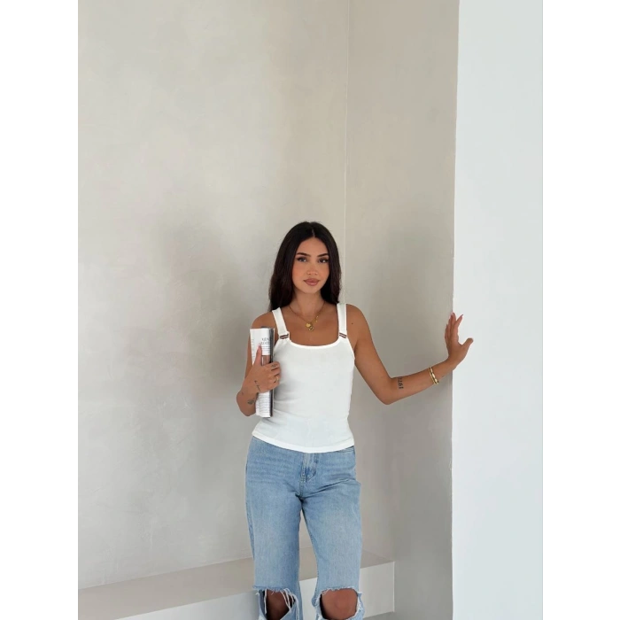 Ottoman toka askılı bluz beyaz s4194